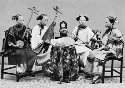 Female musicians with traditional Chinese musical instruments in Hong Kong, c.1885 by Lai Afong